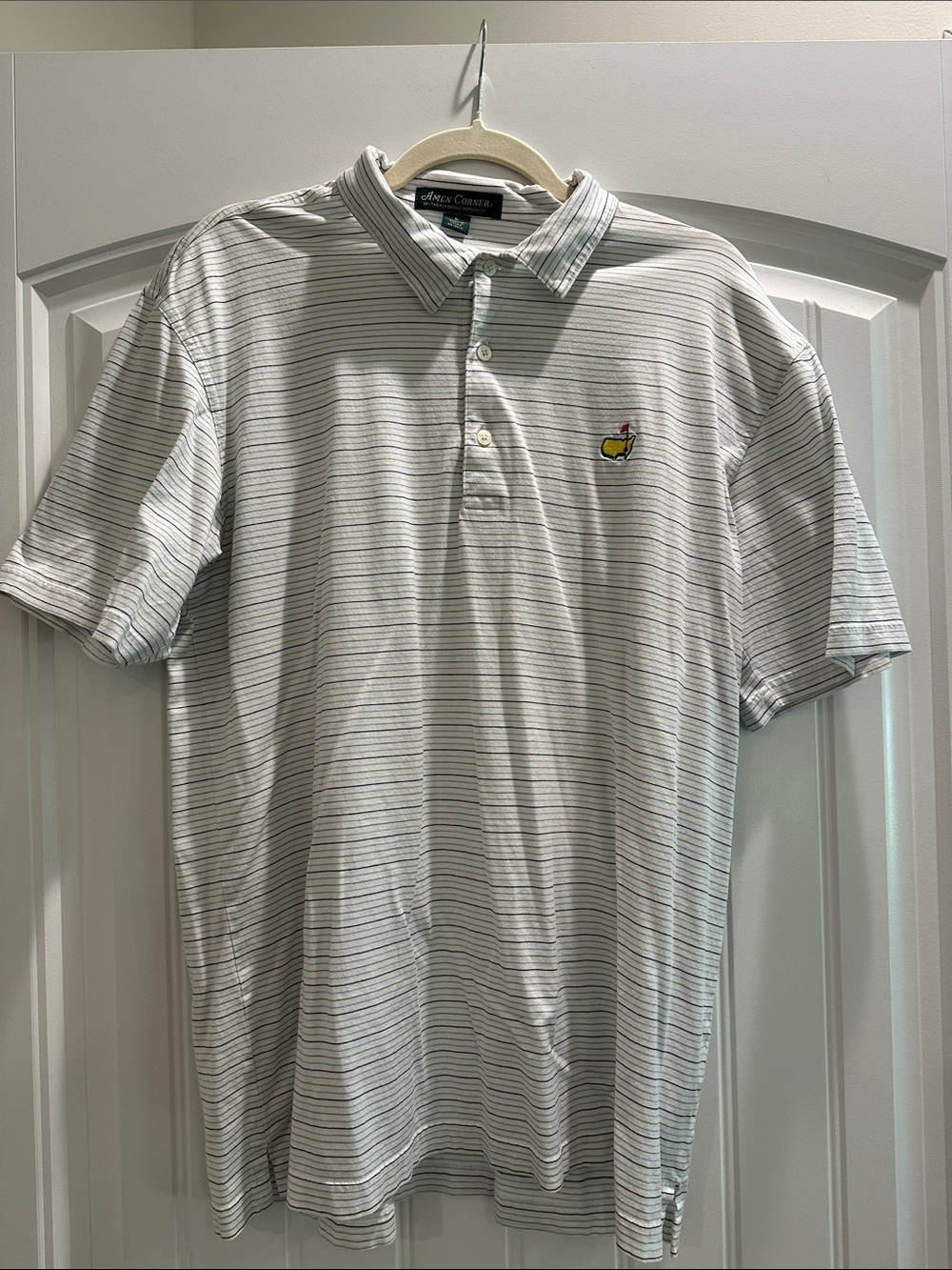 Masters White Polo with Thin Black, Blue and Green Stripes